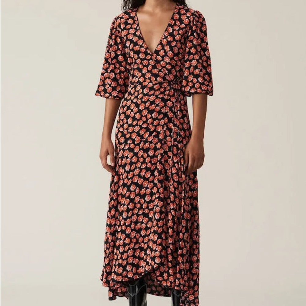 Ganni Lindale Floral Black and Red Crepe Midi Wrap Dress